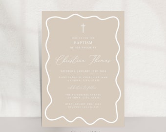 May include: Beige invitation with a white border featuring a cross and the text "Join us for the Baptism of our daughter Christina Thomas". The invitation includes the date, time, location, and RSVP information.
