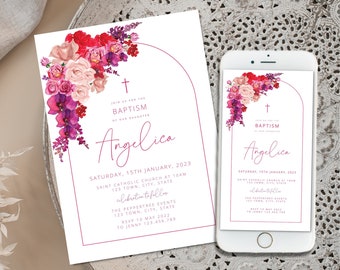 Pink and Purple Flowers Girl Baptism Invitation, Girl Christening Invitation Template, Pink Christening Invite Template, Pink Girls invite