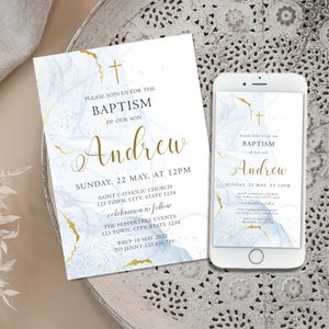 Modern Blue Boy Invitation Watercolor Gold Baptism / Holy Communion / Confirmation Gold Cross - edit your self Invitation digital download