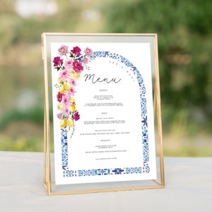 Blue Tiles Greece Menu Bougainvillea Digital Invitation, Santorini Theme Wedding Menu  , dinner menu, italian tiles menu Menu Printable