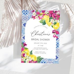 Lemon Bridal Shower Invitation, Modern Elegant Wedding Invitation Template, Printable Wedding Invite, Santorini Blue Tiles Bougainvillea