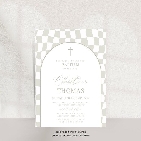 Taupe Checkered Baptism Invitation Boy, Taupe Retro Christening Invitation, Retro Baptism Invite Printable, Neutral Taupe Baptism Invitation