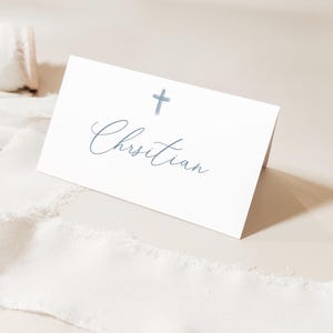 Place Cards Template, Dusty Blue Place Cards, Editable Place Cards Name, Baptism Place card blue folded, baptism placecards Dusty Blue card