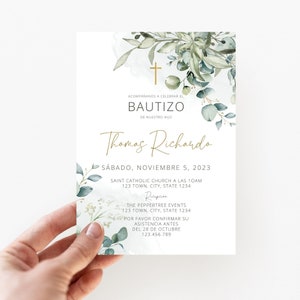 Invitacion de Bautizo, Bautizo Invitation In Spanish, Invitaciones Bautizo, Classic Baptism, Mi Bautizo, Religious Invitation, Greenery