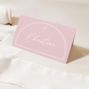 Dusty Pink  Editable Place Card Template, Christening place card 3.5x2" Folded, Arch Pink Place card, DIY Printable card, Baptism placecard