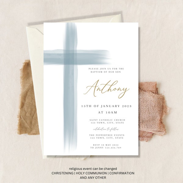 Modern Baptism Invitation, Boy Christening Invitation Template, Blue Christening Invite Template, Blue Cross Boys Blue Gold Evite