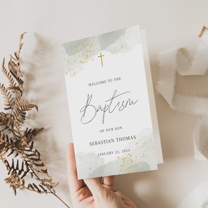 Green Baptism Program Template, Editable Baptism Program for Boy, Christening Program, Printable Baptism Template Greenery and gold