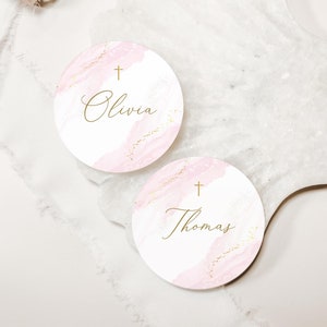 Round Place Cards Template, Pink Place Cards, Editable Place Cards Name, Baptism Place card pink folded, Baptism placecards Pink gold