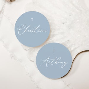Round Place Cards Template, Dusty Blue Place Cards, Editable Place Cards Name, Baptism Place card blue folded, Baptism placecards Dusty Blue