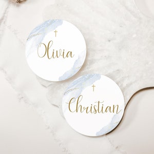 Round Place Cards Template, Dusty Blue Place Cards, Editable Place Cards Name, Baptism Place card blue folded, Baptism placecards Dusty Blue