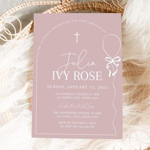 First birthday and Baptism girl invitation, Balloons Christening Invite , Dusty Pink Invite, Girls Pink Modern Invite, First Birthday Invite