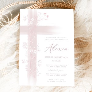 Vintage Floral Baptism Invitation Girl, Girl Flower Invitation Template, Christening Invitation Dusty Pink Template, Victorian Era butterfly