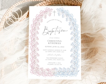 Joint Sibling Baptism Invitation, Twin baptism invitation, baptism invitations for triplets, Joint Christening Invitation for for and girl