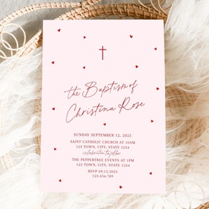 Pink Baptism Invitation Template, Heart Red Baptism Invite, Christening Invite, Sweetheart Baptism Invitation for Girl Baptism Invite