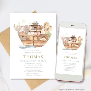 Noah&#39;s Ark Baptism Invitation, Noah&#39;s Ark Christening Invite, Boy Baptism Invitation religious invite for boy, Girl Baptism Invitation