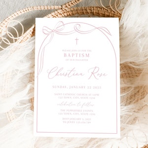 Pink Baptism Invitation Girl, Christening Invitation, Pink bow Baptism Invite Printable, Pink Christening Invitation, Holy Communion