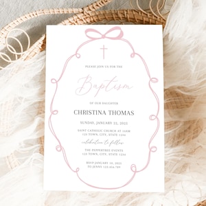 Pink Baptism Invitation Girl, Christening Invitation, Pink bow Baptism Invite Printable, Pink Christening Invitation, Holy Communion girl