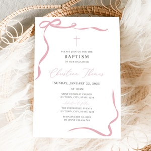 Pink Baptism Invitation Girl, Christening Invitation, Pink bow Baptism Invite Printable, Pink Christening Invitation, Holy Communion