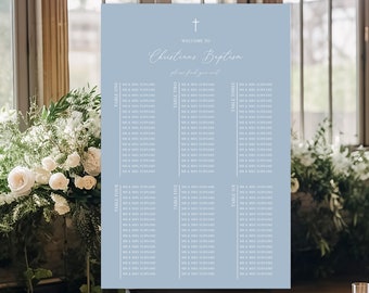 Dusty Blue Baptism Seating Plan Template, Printable Modern Christening Sign, Editable Blue Boys Table Chart, Instant Download Seating Poster