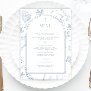 Blue baptism Menu Template add Guest Names, Blue Baptism Place Card Dinner Menu Watercolor, Printable, Jungle safari baptism menu for boy