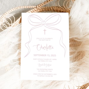 Dusty Pink Baptism Invitation Girl, Christening Invitation, Pink bow Baptism Invite Printable, Pink Christening Invitation, Holy Communion