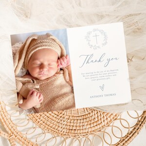 Boy Baptism PHOTO thank you card, Christening Thank you , Dusty Blue card, Boys Blue Thank you card, Blue Thank you for celebrating baptism