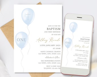First birthday and Baptism boy invitation, Balloons Christening Invite , Dusty Blue Invite, Boys blue balloon Invite, First Birthday Invite