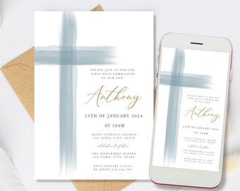 Blue Holy Communion Invitation Template, First Holy Communion invite, Boy Communion Invite, Gold simple First Holy Communion Invitation