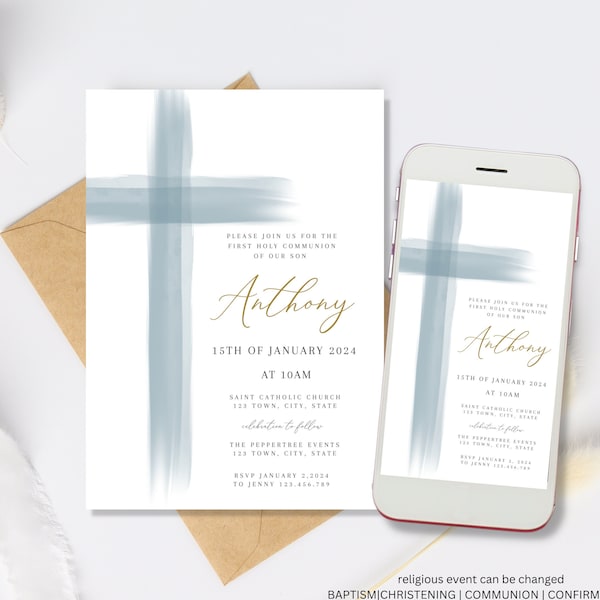 Blue Holy Communion Invitation Template, First Holy Communion invite, Boy Communion Invite, Gold simple First Holy Communion Invitation