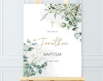 Green Eucalyptus WELCOME POSTER seating Editable Gold White Baptism / Holy Communion / Confirmation Cross Invitation welcome SIGN