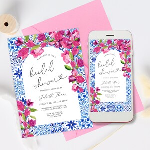 Mediterranean Bridal Shower Invitation Template, Italian Blue Tiles Bridal Shower Invite, Bougainvillea Blue tiles Invite Instant Download