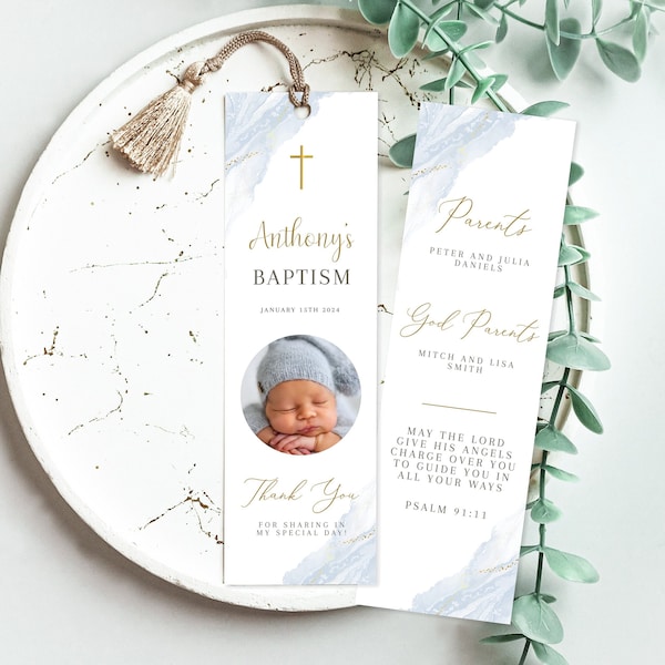 Baptism Bookmark template, Personalized Baptism Bookmark, Blue Baptism Bookmark, Custom Bookmark Keepsake, Printable Christening Favors