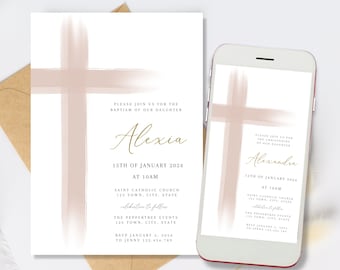 Blush Pink Baptism Invitation Girl, Girls Christening Invitation Template, Pink Christening Invite Template, Pink Cross Invite, Baptism text