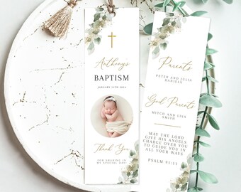 Baptism Bookmark template, Personalized Baptism Bookmark, Eucalyptus Baptism Bookmark, Custom Bookmark Keepsake, Printable Christening Favor