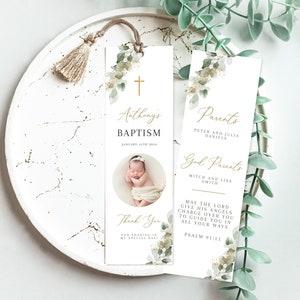 Baptism Bookmark template, Personalized Baptism Bookmark, Eucalyptus Baptism Bookmark, Custom Bookmark Keepsake, Printable Christening Favor