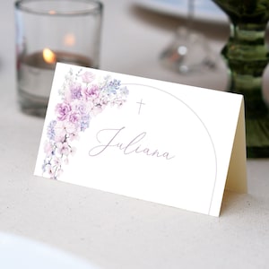 Purple Flower Editable Place Card Template, 3.5x2" Folded, Simple Handwritten script font , DIY Printable  card ,Editable Flower Purple rose