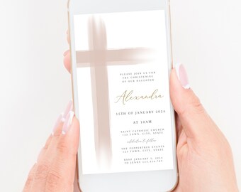 Blush Pink Baptism Invitation Girl, Girls Christening Invitation Template, Pink Christening Invite Template, Pink Cross Invite, Baptism text