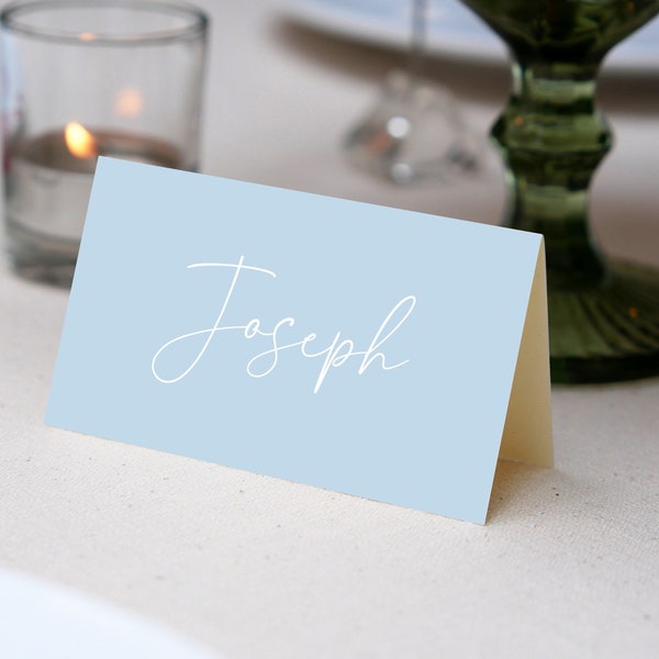 Place Cards Template, Light Blue Place Cards, Editable Place Cards Name, Baptism Place card blue folded, Wedding placecards Light Blue card