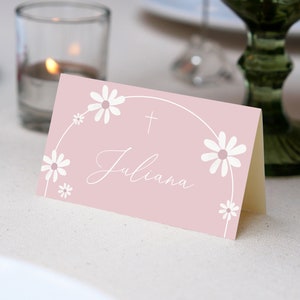Pink Baptism Placecard, Editable Place Card Template, 3.5x2" Folded, Simple placecard, DIY Printable  card ,Editable Daisy placecard