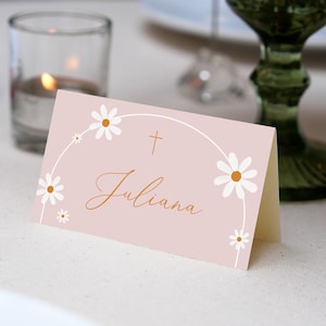 Pink Baptism Placecard, Editable Place Card Template, 3.5x2" Folded, Simple placecard, DIY Printable  card ,Editable Daisy placecard