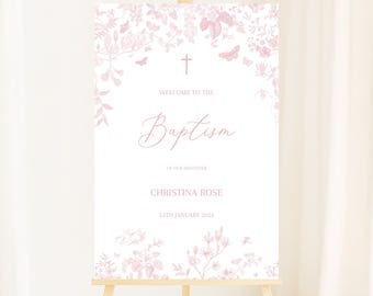 Vintage Floral Baptism Welcome Poster, Girl Flower Welcome Poster Template, Christening Poster Printable Template, Victorian Era Butterfly