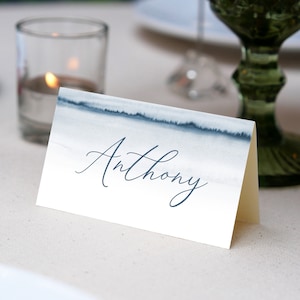 Place Cards Template, Navy Blue Place Cards, Editable Place Cards Name, Baptism Place card blue folded, Christening place cards Blue card