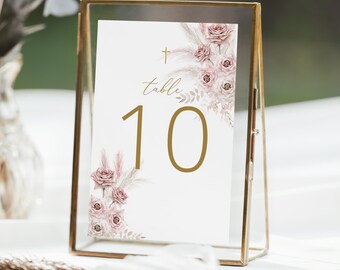 Table Numbers, Christening Table Numbers, Pink Table Numbers, Baptism Table Number Template, Printable Table Numbers, Editable Baptism