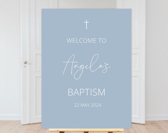 Dusty Blue Baptism Welcome Sign, White Cross Dusty Blue Christening Welcome Sign, Modern Baptism Welcome Poster, Blue Baptism sign decor