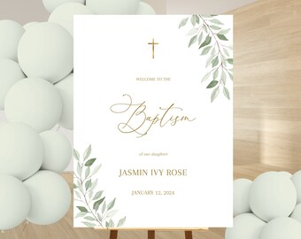 Green Eucalyptus welcome poster Editable Gold green, Unisex Welcome baptism sign boy or girl, Christening welcome sign, Communion welcome
