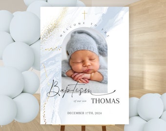 Dusty Blue Baptism Welcome Sign with photo, Dusty Blue Christening Welcome Sign, Modern Baptism Welcome Poster, Blue Baptism Decor signage