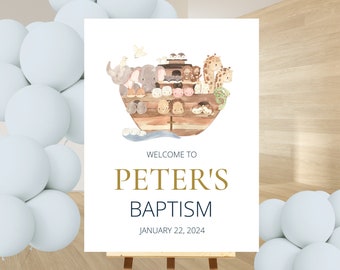 Noah's Ark Welcome Sign, EDITABLE TEMPLATE, Blue Boy Noahs Ark Cute Animals Christening Baptism Poster Decor Pdf, INSTANT Download