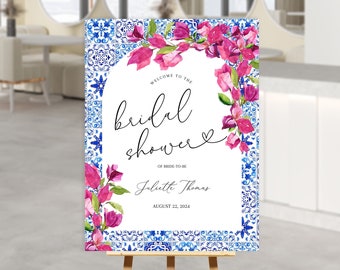 Santorini Blue Tiles Bougainvillea Welcome Poster, Blue Tiles Bridal Shower Welcome Sign, Mediterranean Bridal Shower, Italian Bridal greece