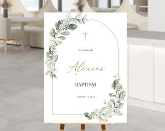 Baptism welcome sign, Green Eucalyptus WELCOME POSTER Communion sign, Confirmation welcome sign Cross Christening welcome SIGN