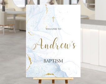 Dusty Blue WELCOME POSTER Editable Gold White Baptism / Holy Communion / Confirmation Cross Invitation welcome SIGN